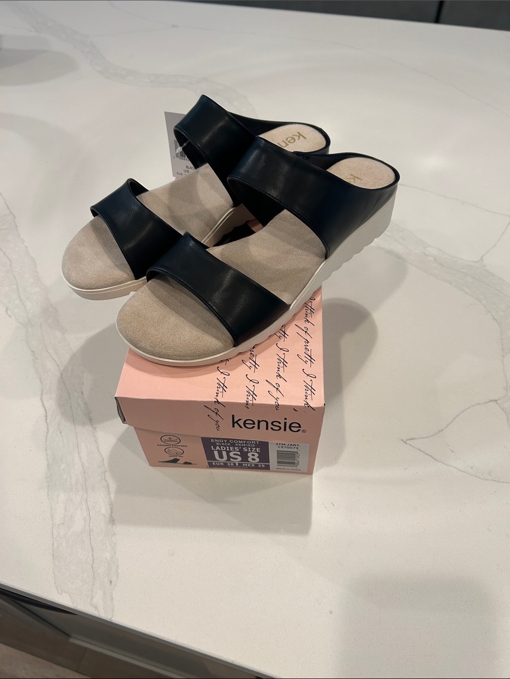 Kensie Black Double-Strap Wedge Sandals with Beige Footbed size 8 NWT